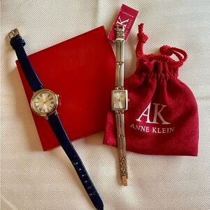 Anne Klein Watch Duo Gold/Silver & Blue Leather w/ Red Pouch